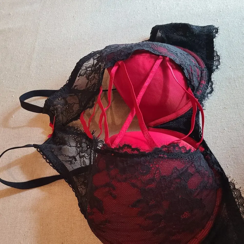 Adore Me Milena Underwire Push Up Bra Red Black Lace High Neck Coquette Size 36D